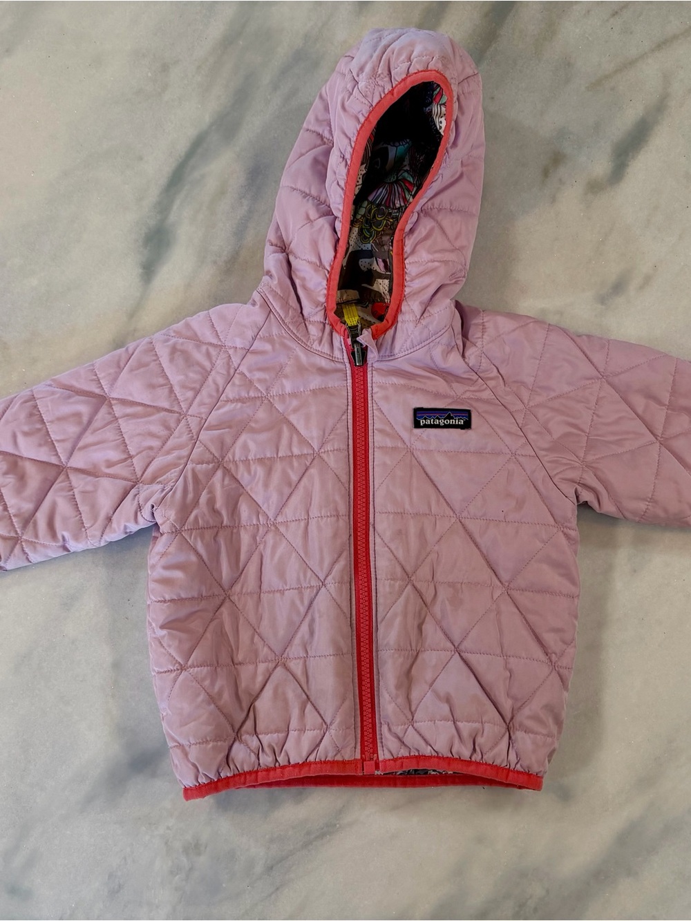 Reversible Patagonia Quilted Hooded Puffer with Coral Trim. Size 2T-3T